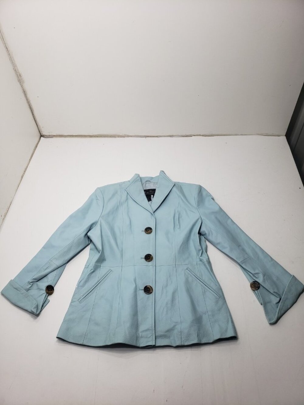 Terry Lewis Women’s Genuine Leather Jacket Light Blue Size M Button Front